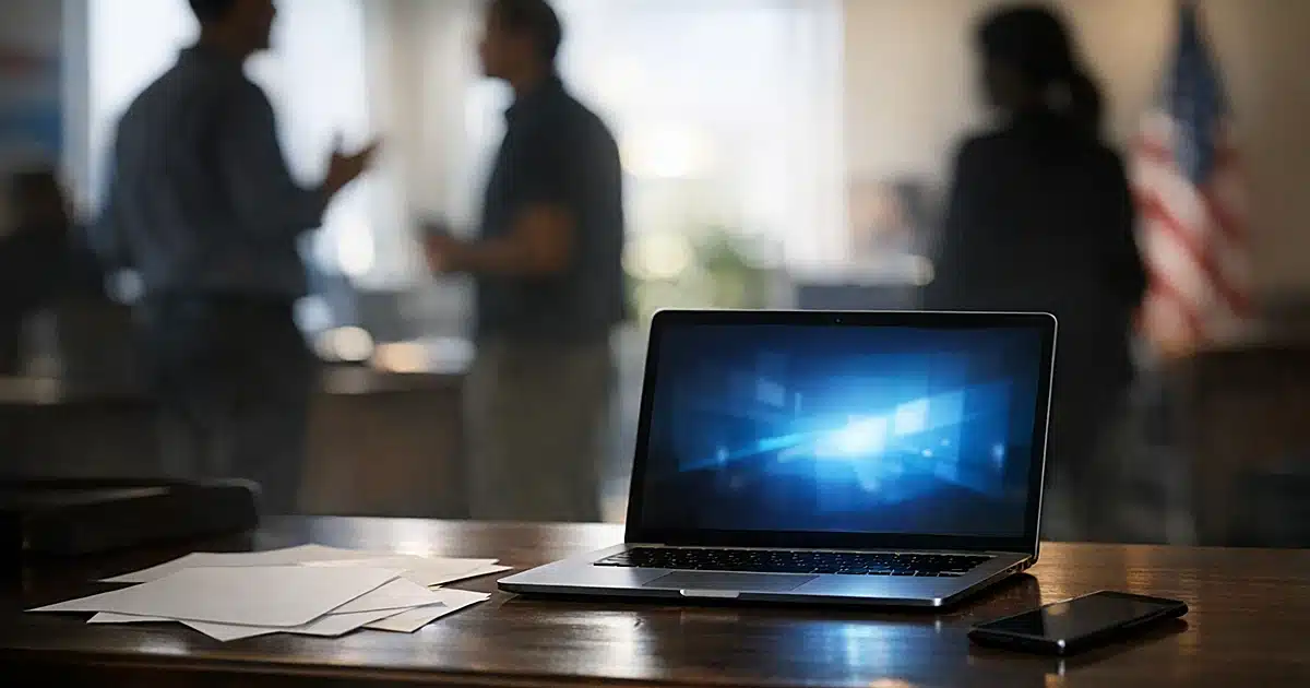 Laptop computer glowing on campaign office desk with silhouetted workers in background