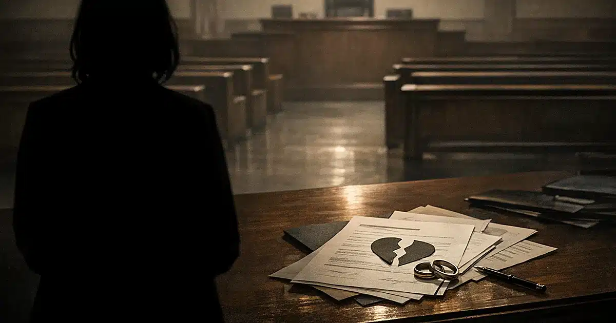 Silhouetted figure in empty courtroom with divorce papers on table under overhead light