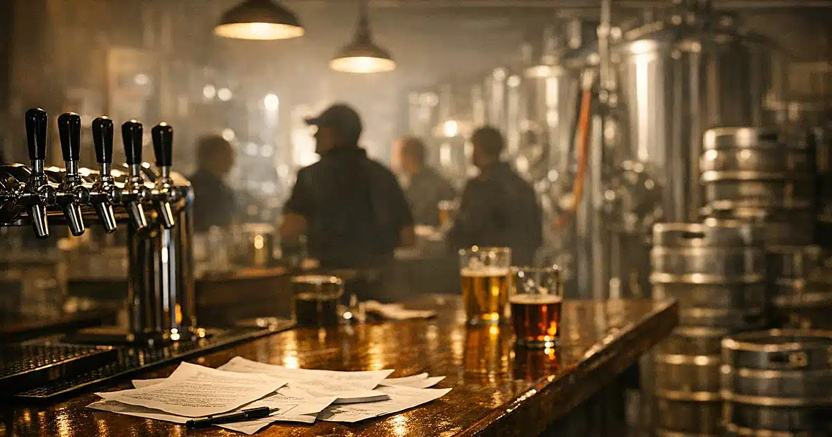 Empty brewery bar counter with beer taps and silhouetted figures in background, dramatic lighting