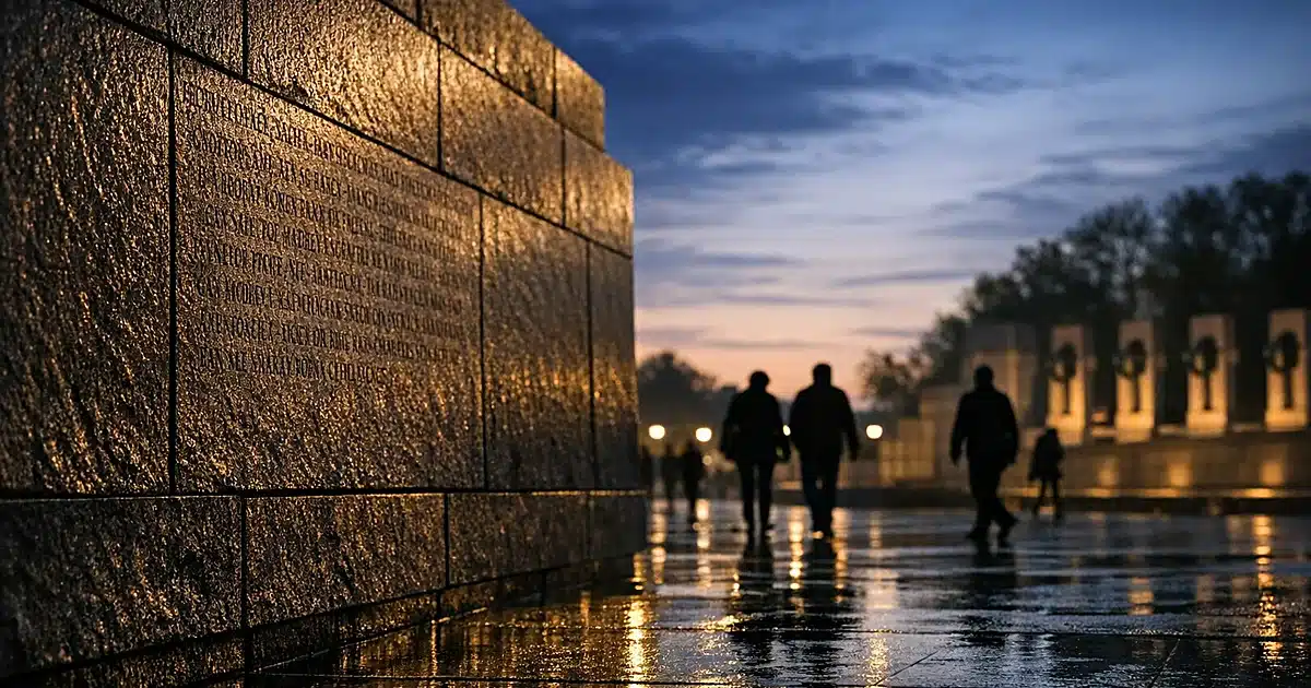 Granite memorial wall at dusk with silhouetted visitors in background and wet pavement reflecting stone surface