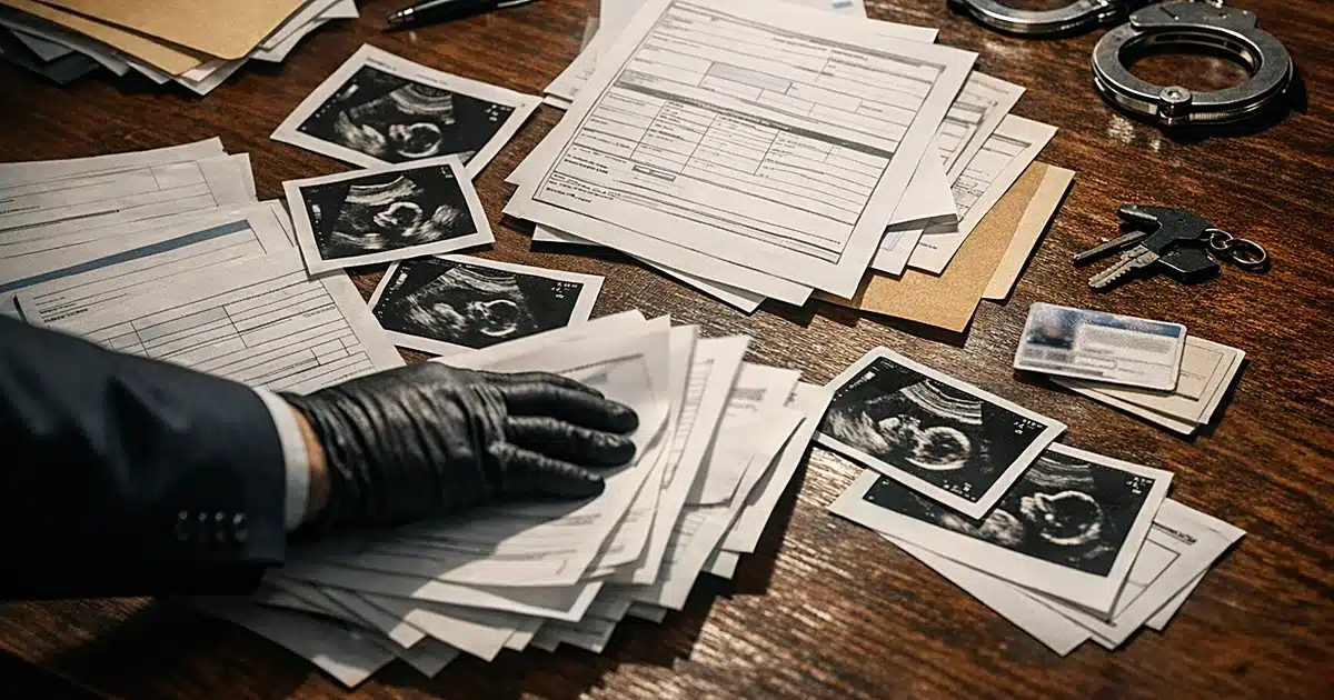 Evidence documents spread on courthouse table with silhouetted hand sliding papers during fraud case proceedings