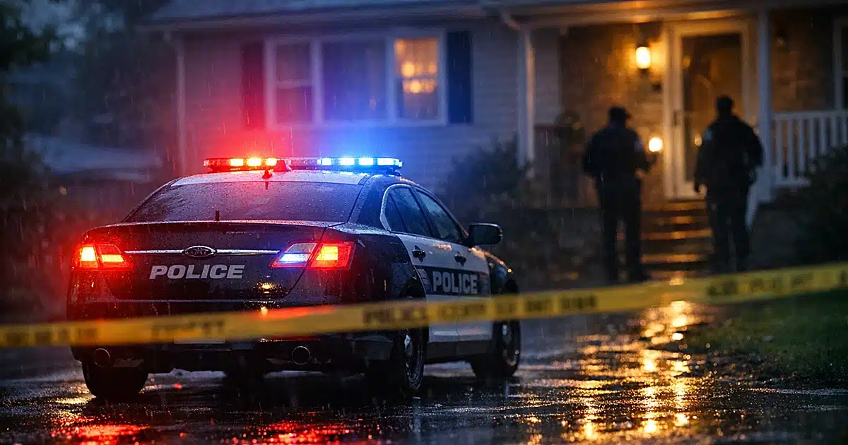 Police patrol car with flashing lights parked in residential driveway at dusk with wet pavement reflections