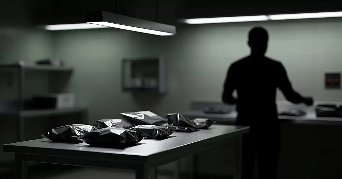 Police evidence processing room with examination table and evidence bags under fluorescent lighting