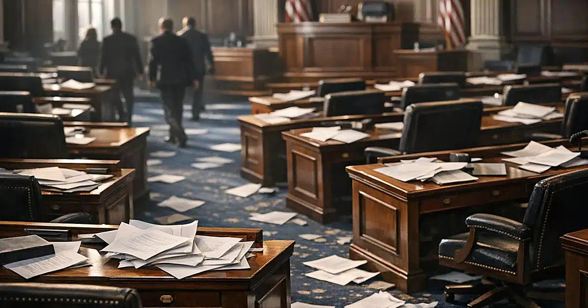 Empty legislative chamber with scattered papers on desks after partisan vote, dramatic window lighting