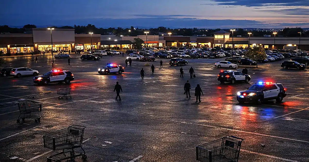 Shopping center parking lot at dusk with multiple police vehicles and emergency lights reflecting on wet pavement