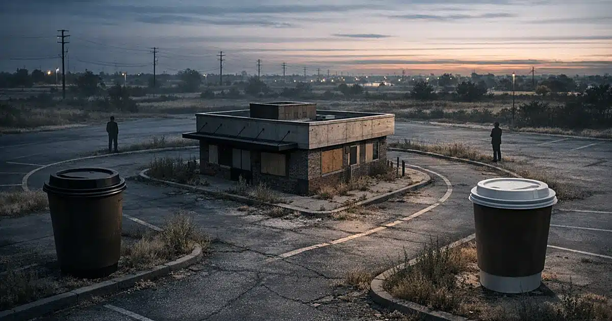 Aerial view of abandoned drive-thru with two coffee cups positioned on opposite sides and distant silhouetted figures