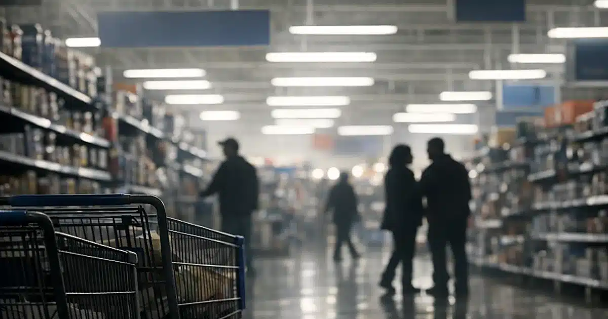 Interior of retail store aisle with shopping carts and distant silhouetted shoppers under fluorescent lighting