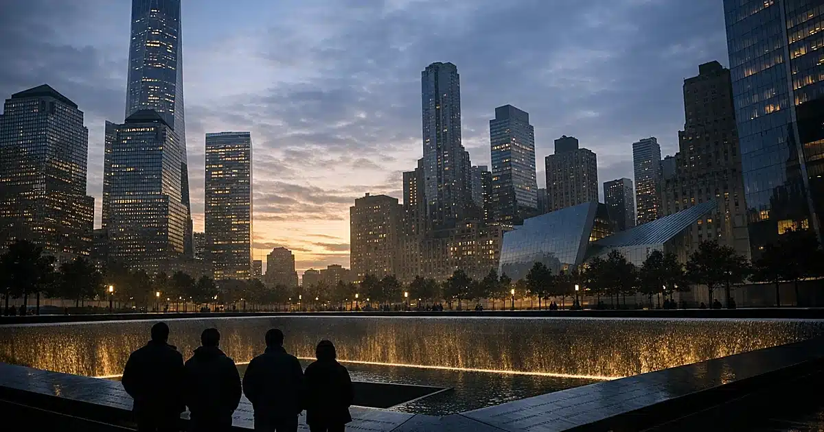 Wide view of Ground Zero memorial reflecting pools at dawn with distant silhouetted figures at far edge