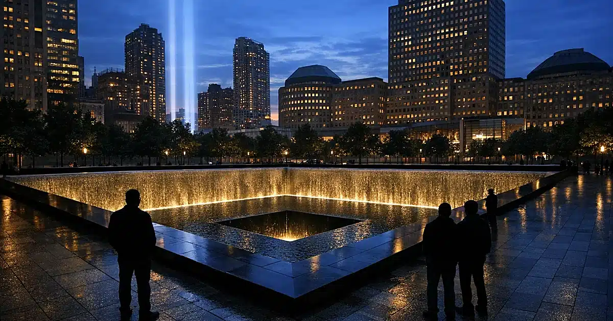 Ground Zero memorial plaza at dusk with silhouetted figures standing around reflecting pool perimeter