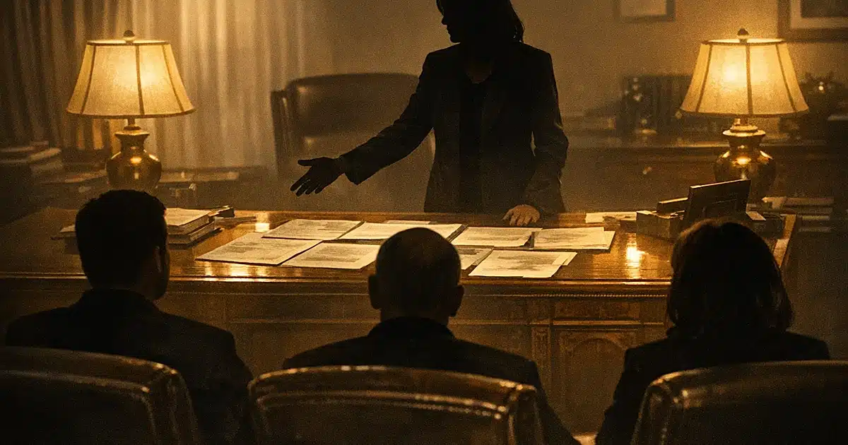 Silhouetted figures in formal office meeting, one standing at desk with documents, others seated with backs to viewer
