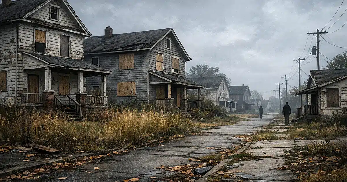 Abandoned foreclosed homes with overgrown yards and boarded windows line an empty Midwestern residential street