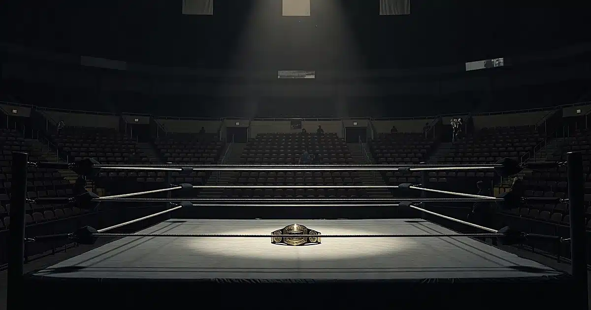 Empty wrestling ring illuminated by spotlight with championship belt on canvas in darkened arena