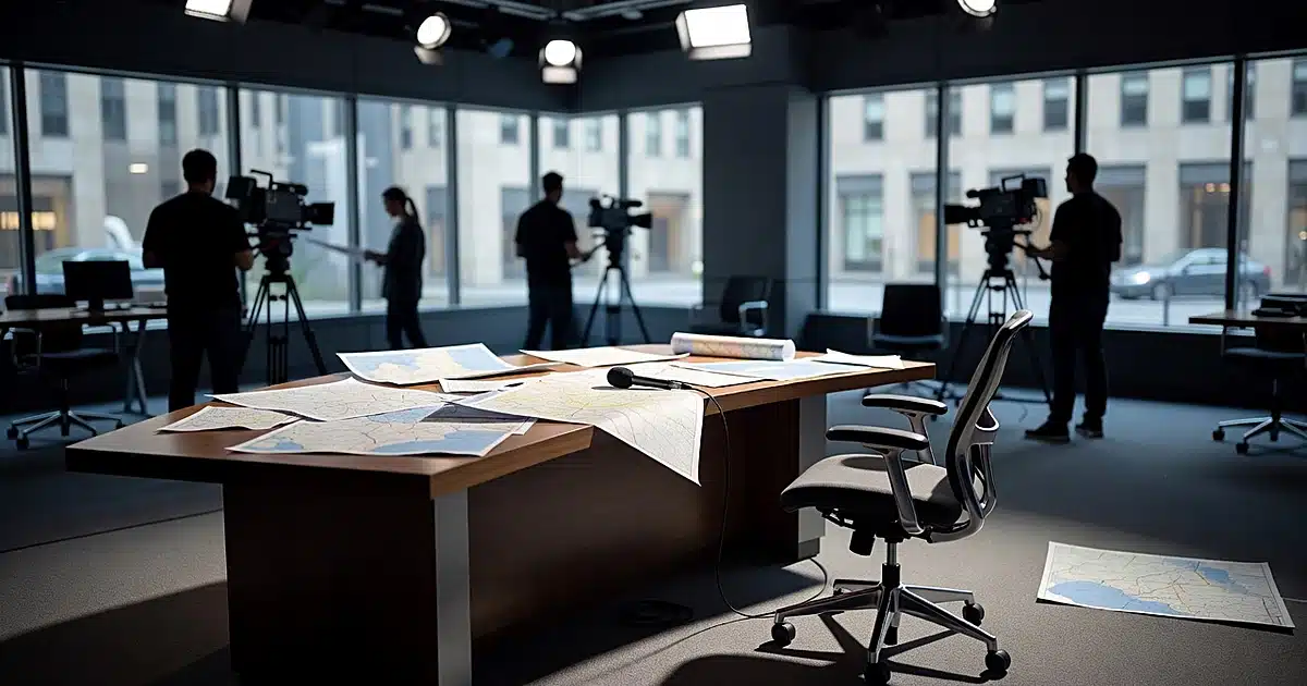 Empty television studio weather desk with scattered forecast materials and silhouetted crew members in background