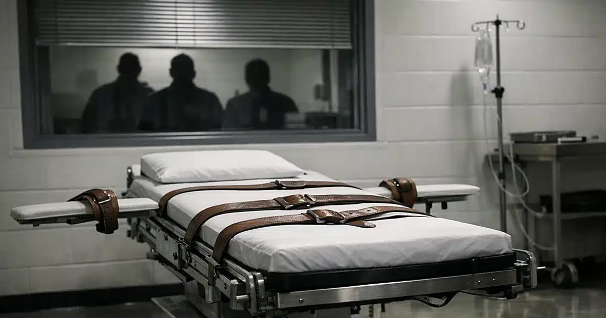 Empty execution chamber gurney with restraint straps under fluorescent lighting in sterile prison room