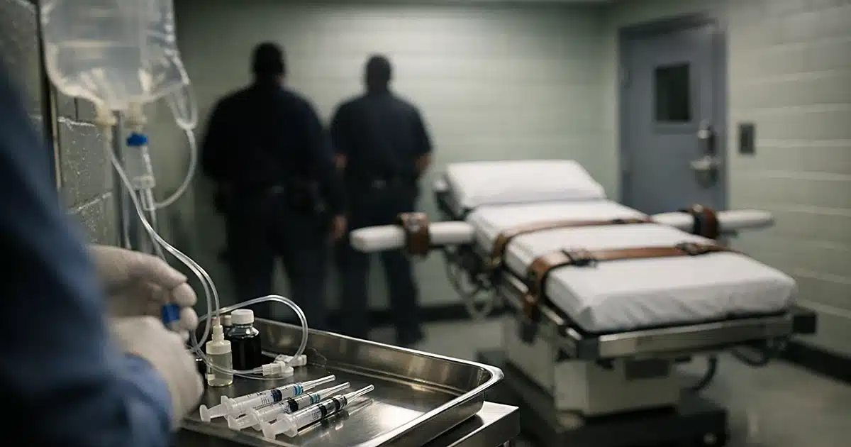 Prison execution chamber with medical gurney and restraint straps under fluorescent lighting