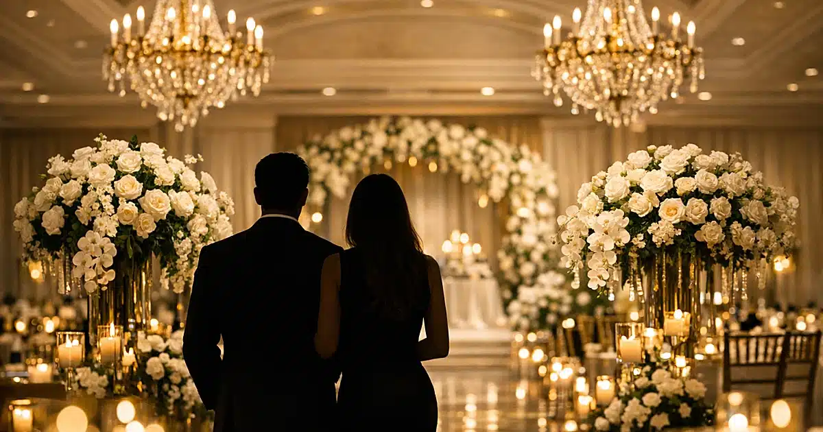 Silhouetted figure in formal attire stands in luxurious ballroom with crystal chandeliers and white floral arrangements