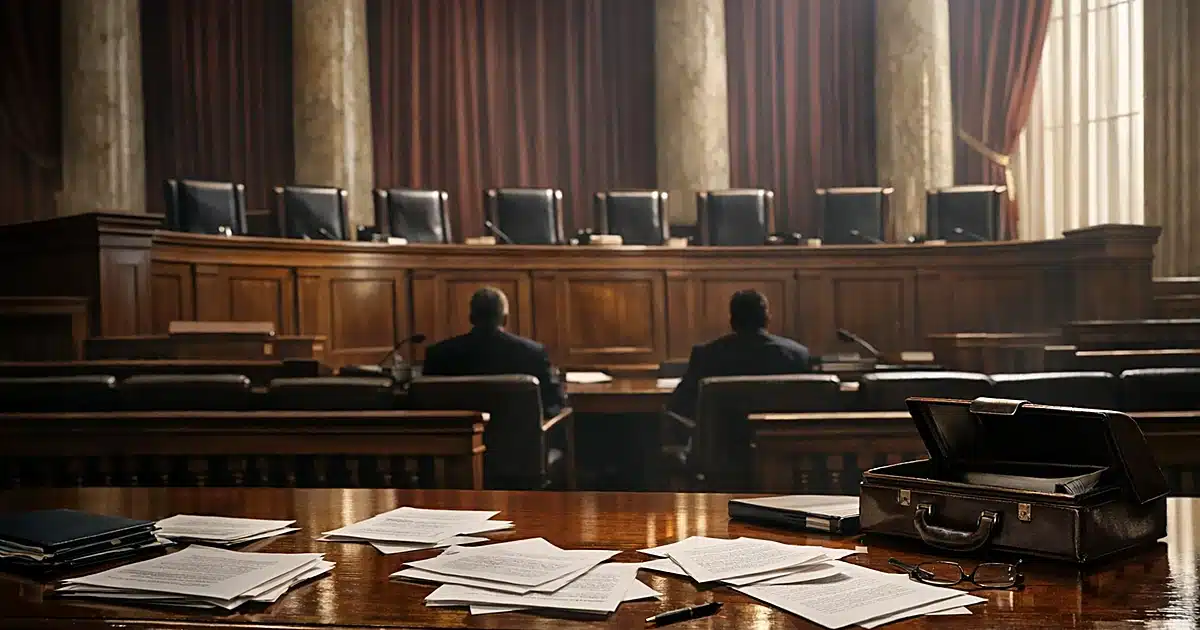 Empty Supreme Court chamber with judicial bench, scattered legal documents on counsel table in dramatic window light
