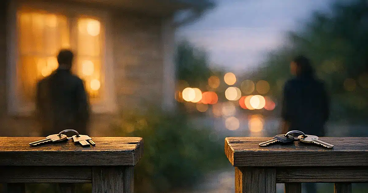 Two sets of house keys separated on opposite ends of a residential porch railing at dusk