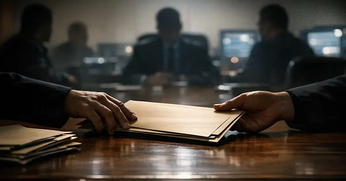Classified folders being exchanged across table in secure briefing room with silhouetted figures