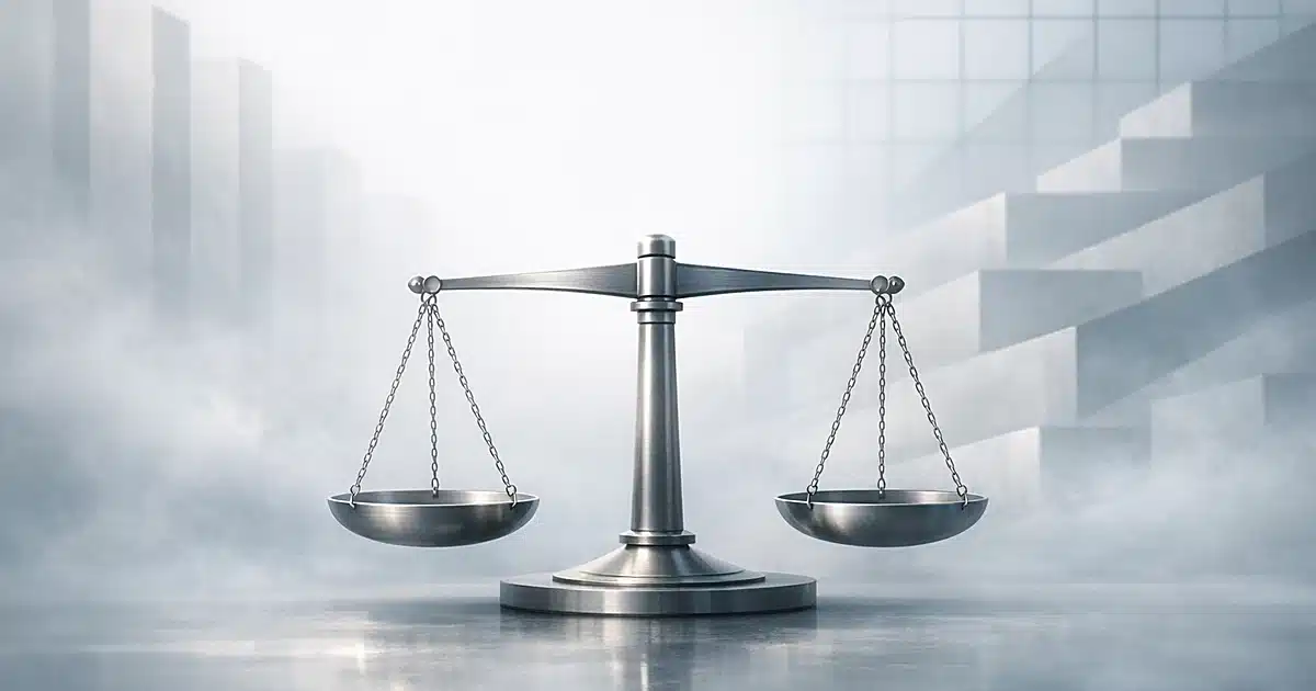Abstract balanced scales in soft light with geometric patterns representing justice and legal systems