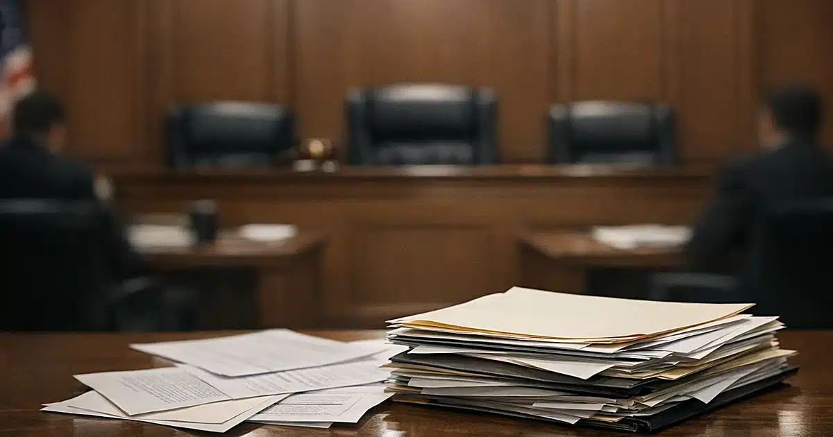 Empty federal courtroom with judge's bench and investigation documents on table in foreground