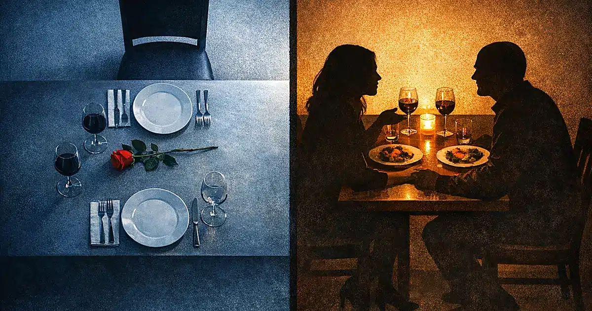 Split scene of empty dinner setting versus two silhouettes dining together, showing contrasting approaches to dating