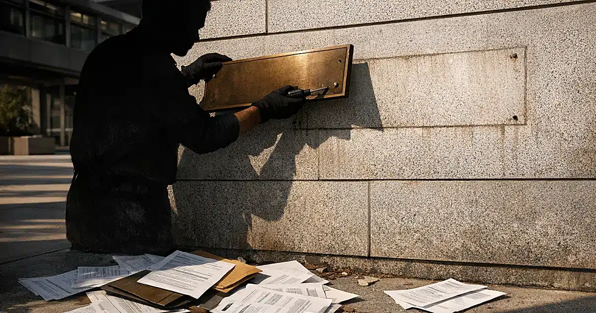 Hands removing a nameplate from a university wall, leaving an outline where it was mounted, with papers scattered below