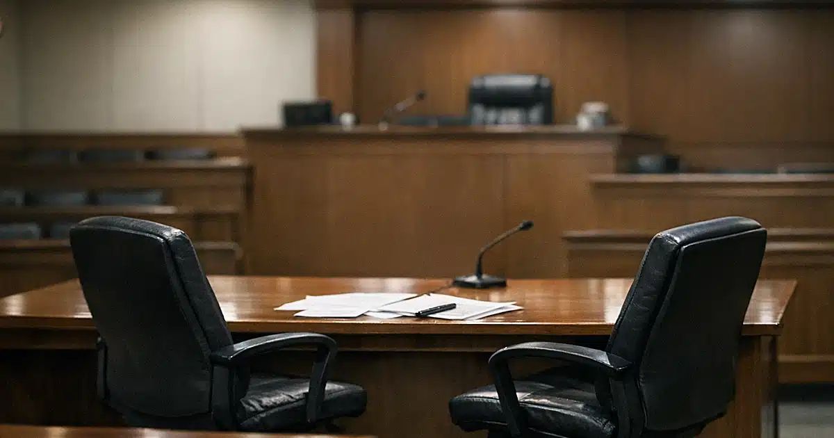 Empty defendant's table with displaced chairs in a Maricopa County courtroom with judge's bench in background