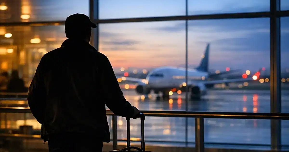 Silhouetted traveler at airport terminal window looking at plane on tarmac at dusk