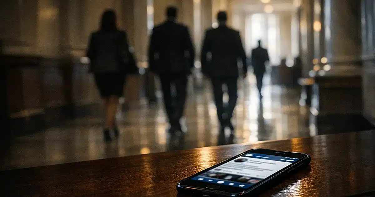 Smartphone on table in marble government hallway with silhouetted figures walking away in background
