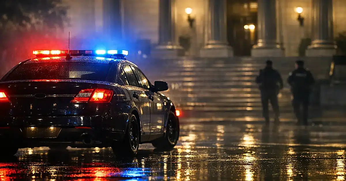 Police car with flashing lights outside courthouse at night on wet pavement