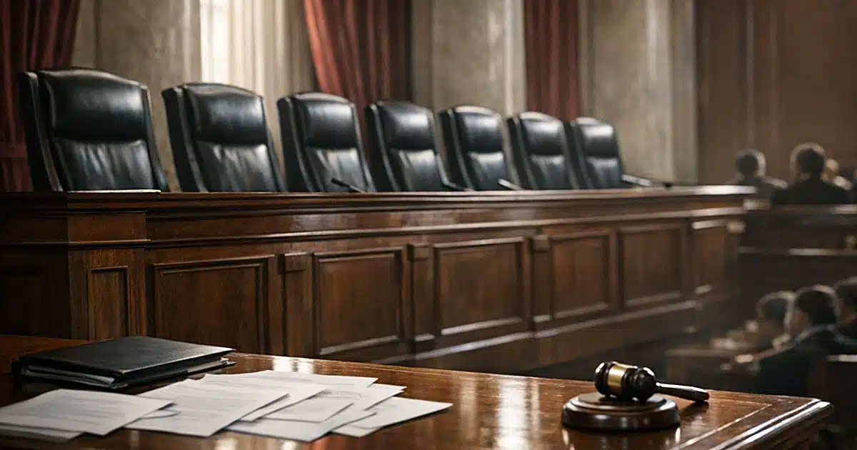 Empty Supreme Court bench with nine chairs in dramatic side lighting with legal documents on counsel table