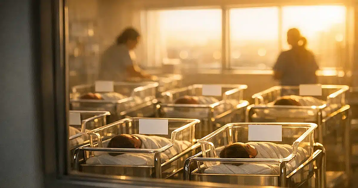 Hospital nursery bassinets with blank name cards visible through window in warm afternoon light