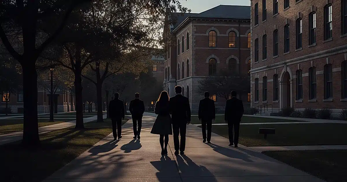 Silhouetted couple walking on campus path followed by security personnel at dusk with buildings in background