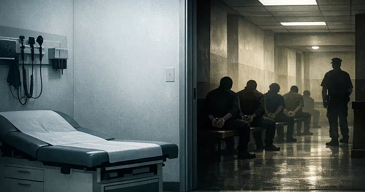 Split scene showing empty medical exam room connected to courthouse bench where silhouetted figures sit in handcuffs