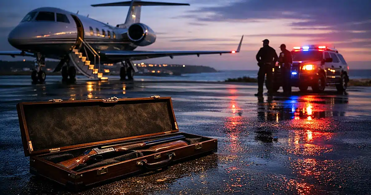 Private jet on airfield tarmac with open gun case and security vehicle lights reflecting on wet pavement at dusk