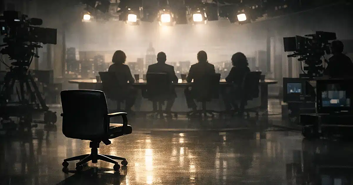 Silhouettes of people seated at curved studio desk with empty chair in foreground casting shadow on floor