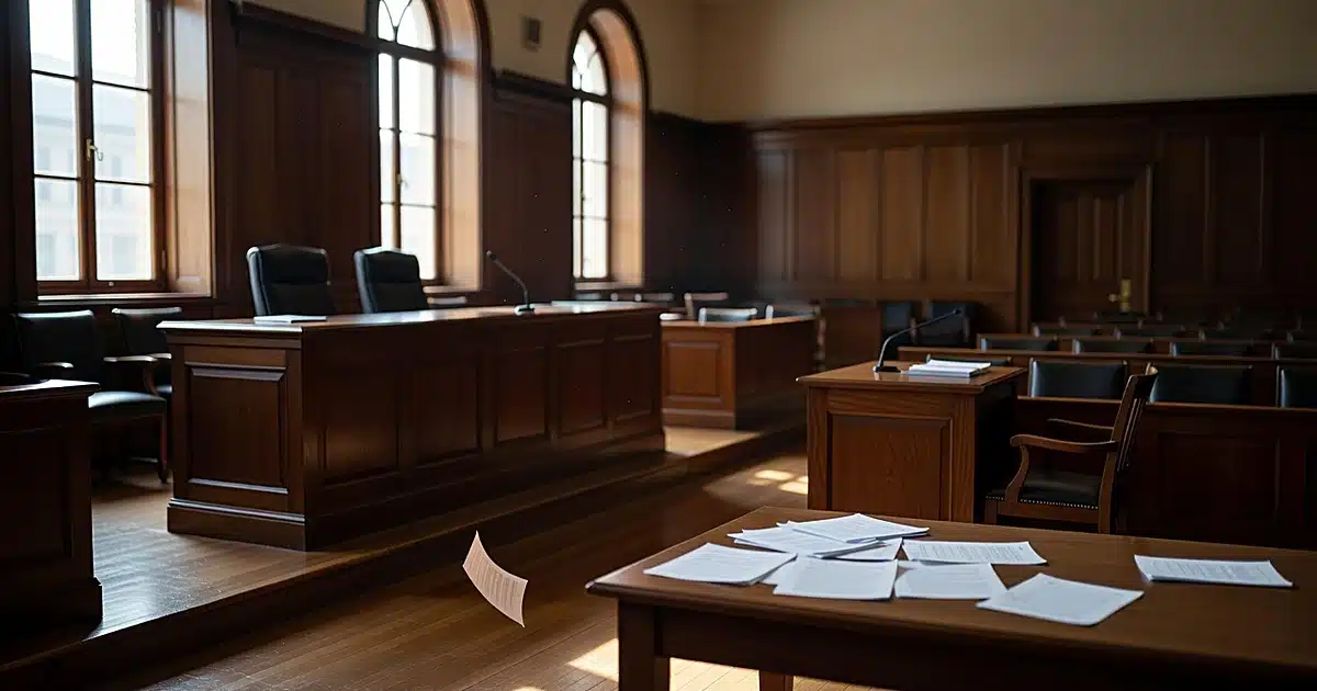 Empty federal courtroom with judge's bench, witness stand, and scattered legal documents on table