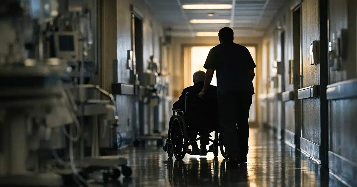Silhouetted figure in wheelchair being pushed down hospital corridor toward distant window light