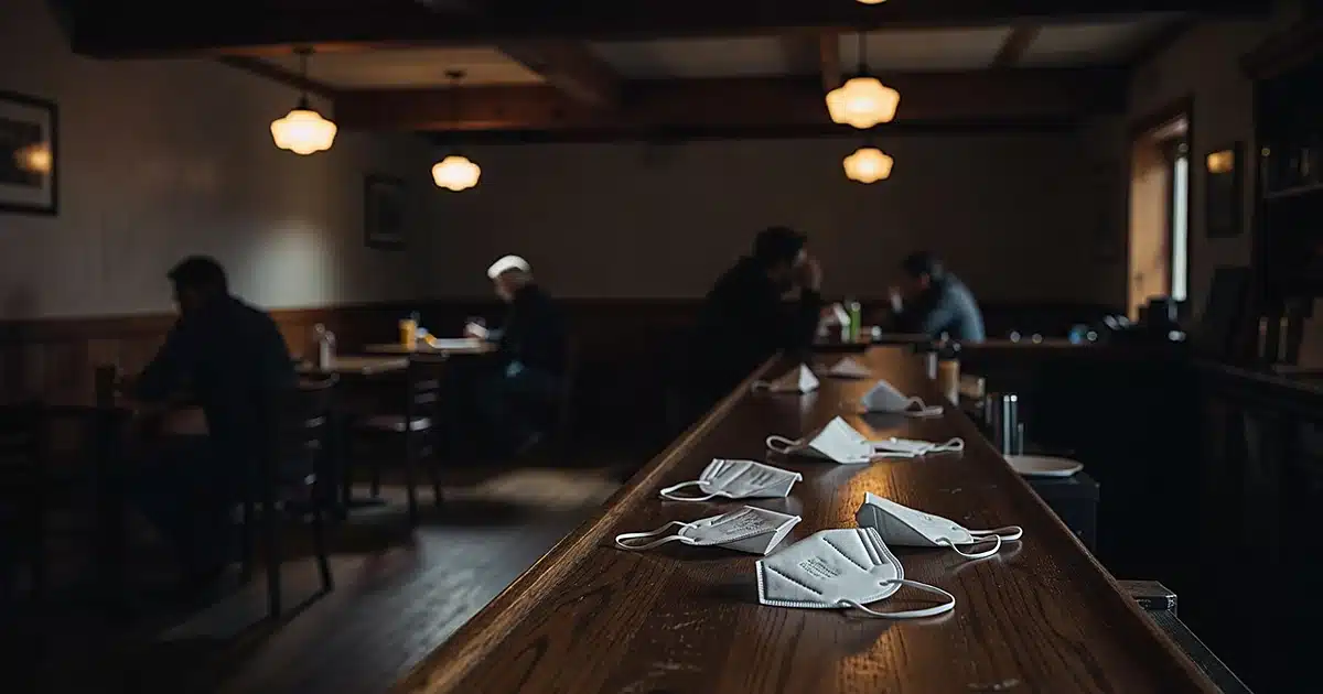 Empty bar counter with scattered KN-95 masks, silhouetted patrons in background under warm lighting