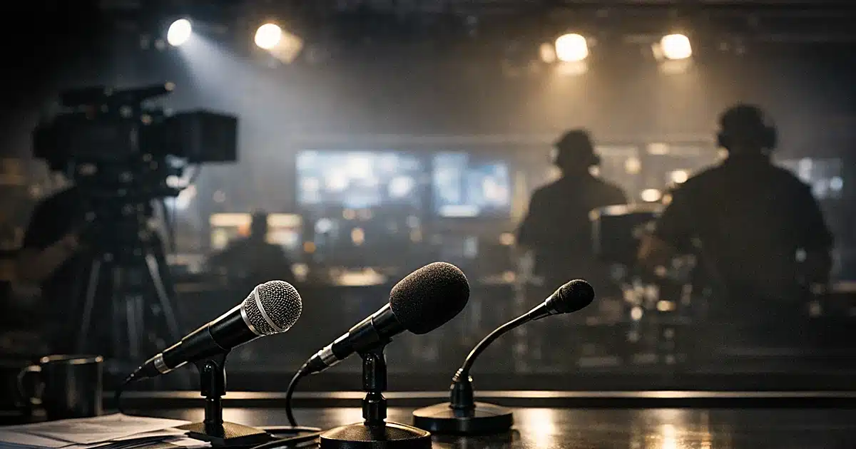 Television studio with broadcast desk, microphones, and silhouetted crew members working under dramatic lighting
