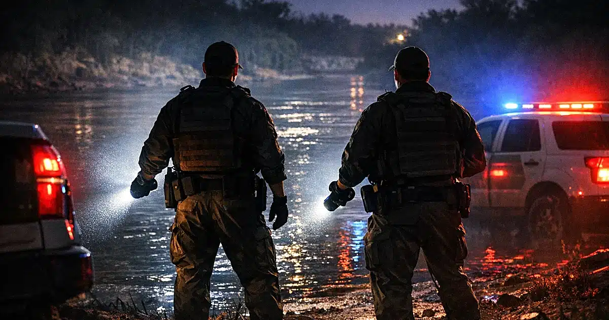 Border Patrol agents silhouetted at night along riverbank with emergency lights reflecting on water