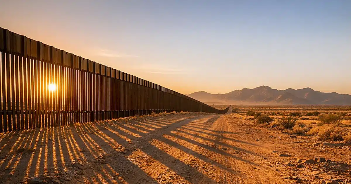 Desert border fence stretching across empty terrain at sunset with mountains in distance