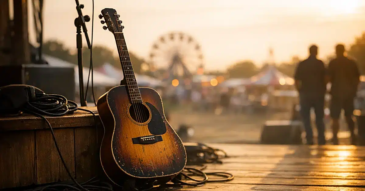 Acoustic guitar resting against stage riser at empty fairground performance area in golden hour light