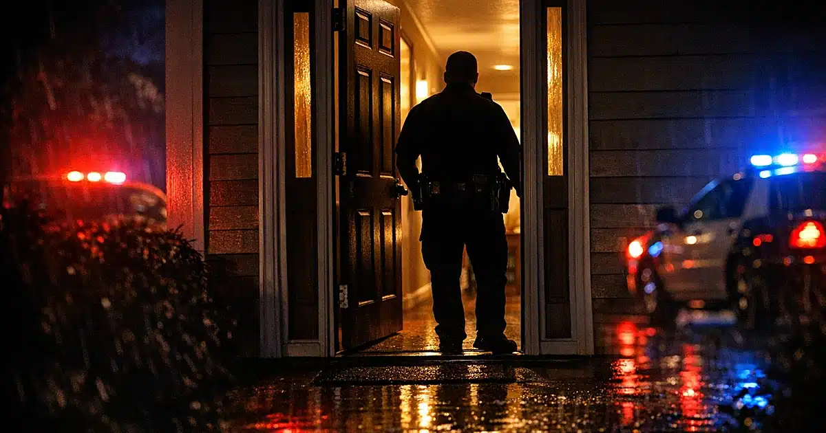 Police officer silhouette in doorway of residence at night with emergency lights reflecting on wet pavement