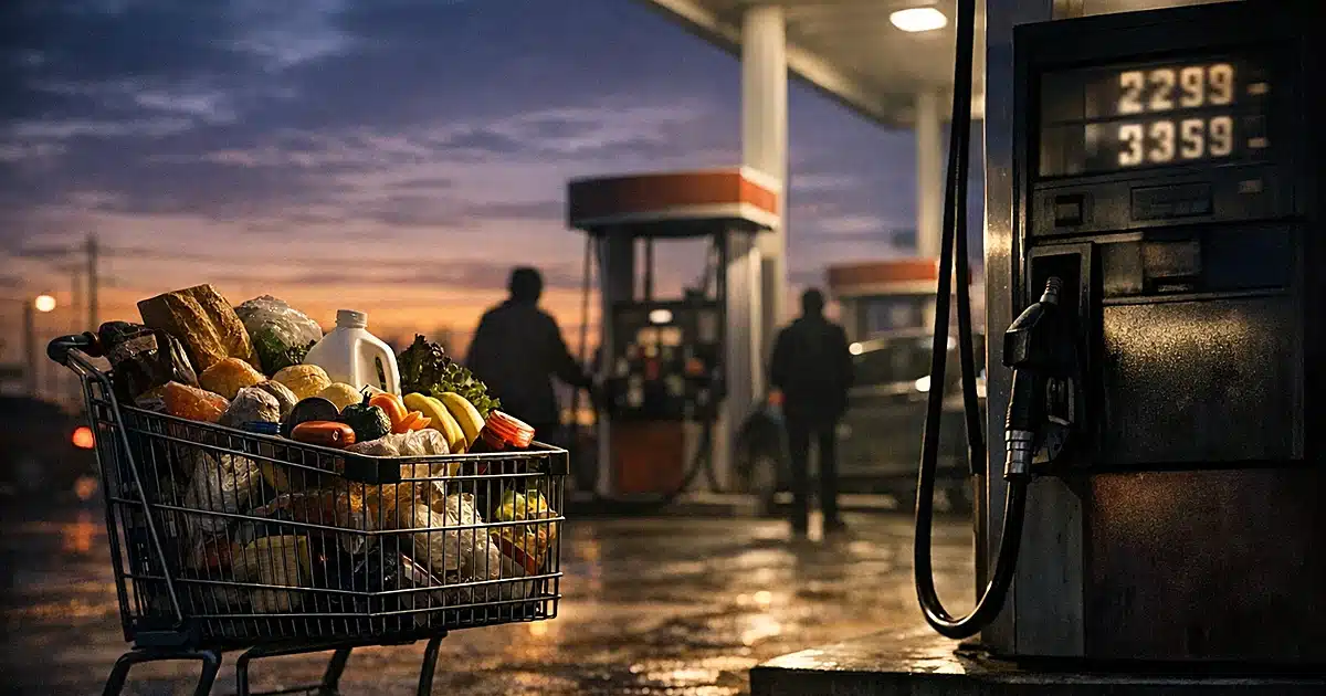 Shopping cart full of groceries beside gas pump at dusk with silhouetted figures in background