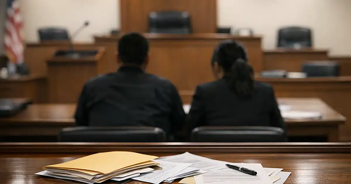 Empty family courtroom with judge's bench and scattered legal documents on table in foreground
