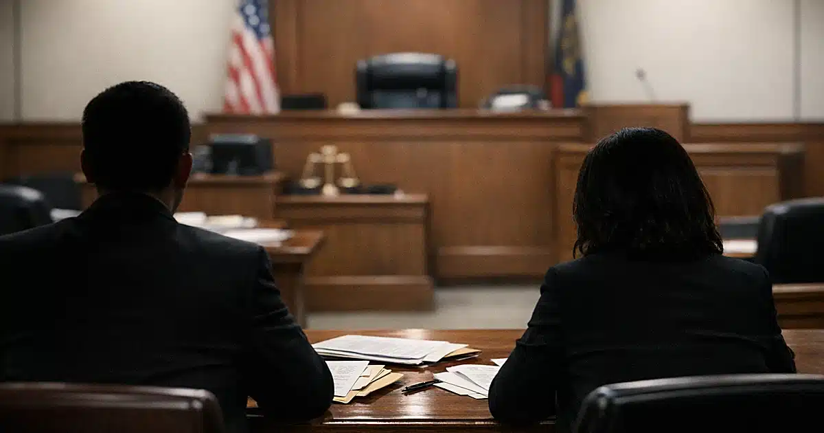 Empty family courtroom with silhouetted attorneys at opposing tables surrounded by legal documents