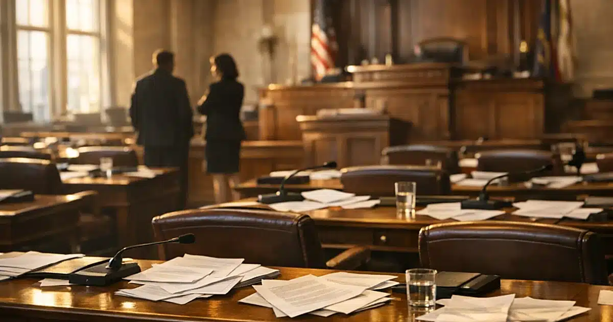 Interior of New York legislative chamber with empty desks, scattered papers, and silhouetted figures in background