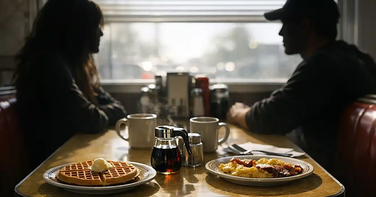 Two silhouetted figures sit in a diner booth with breakfast plates between them in bright morning light